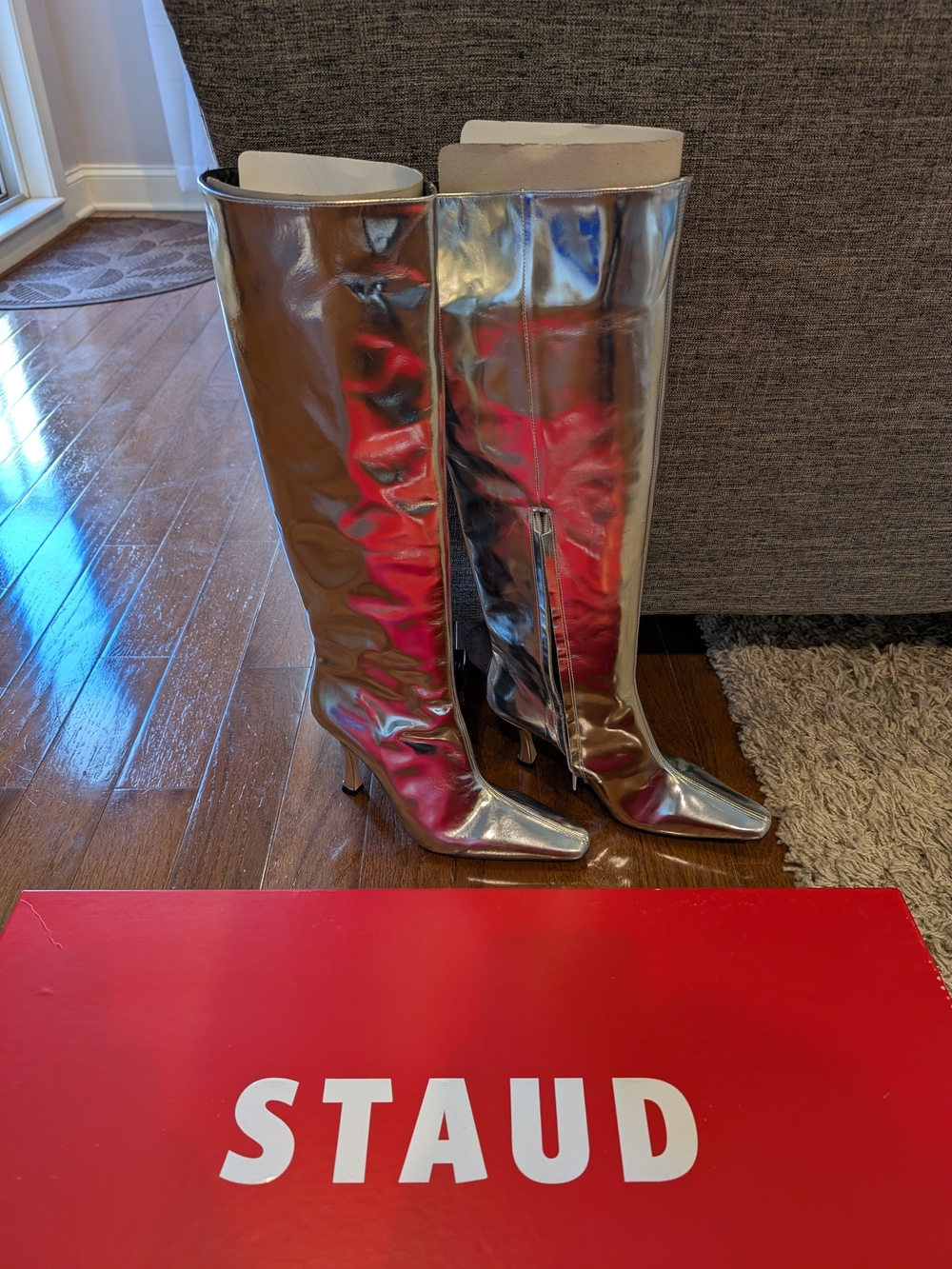 STAUD Metallic Silver Over-the-Knee Pointed-Toe Boots Size 10 (40.5)
